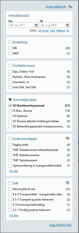 Filtrering i dokumentlistewidgeten.