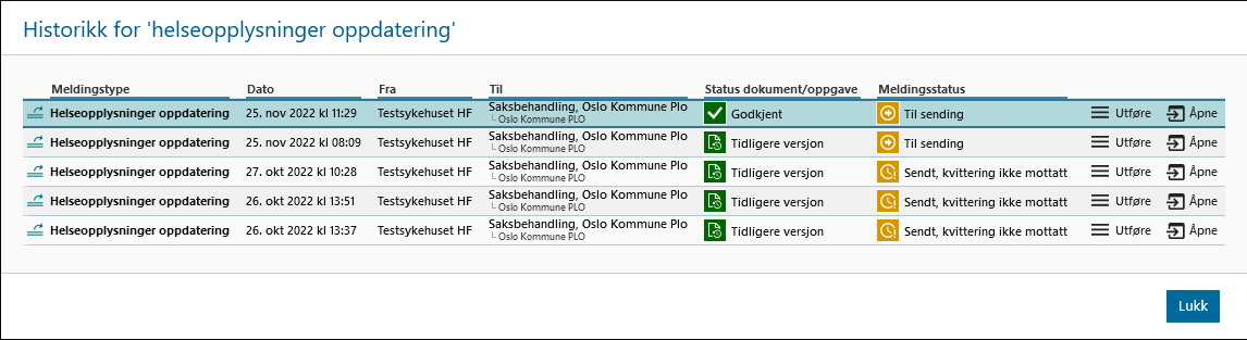 Vindu for visning av tidligere versjoner av sendt PLO melding