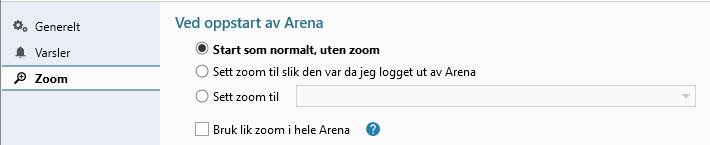 Innstillinger for zoom i Arena