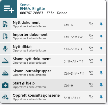 Opprettmeny i arbeidsflaten