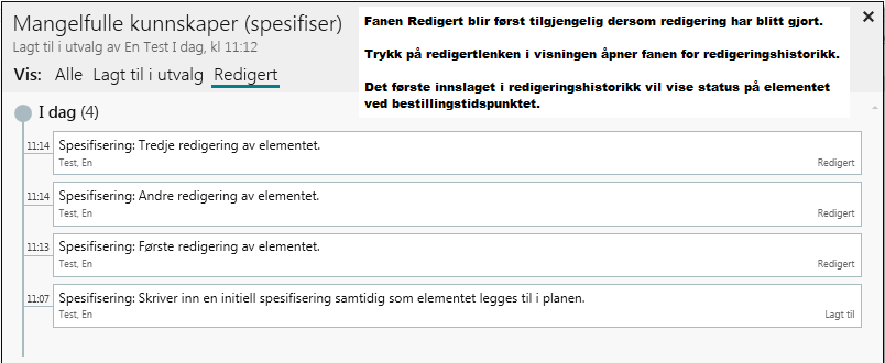 Historikkvisning av redigeringer på element.