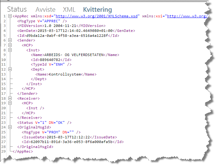 Bildet viser en typisk kvittering fra HELFO